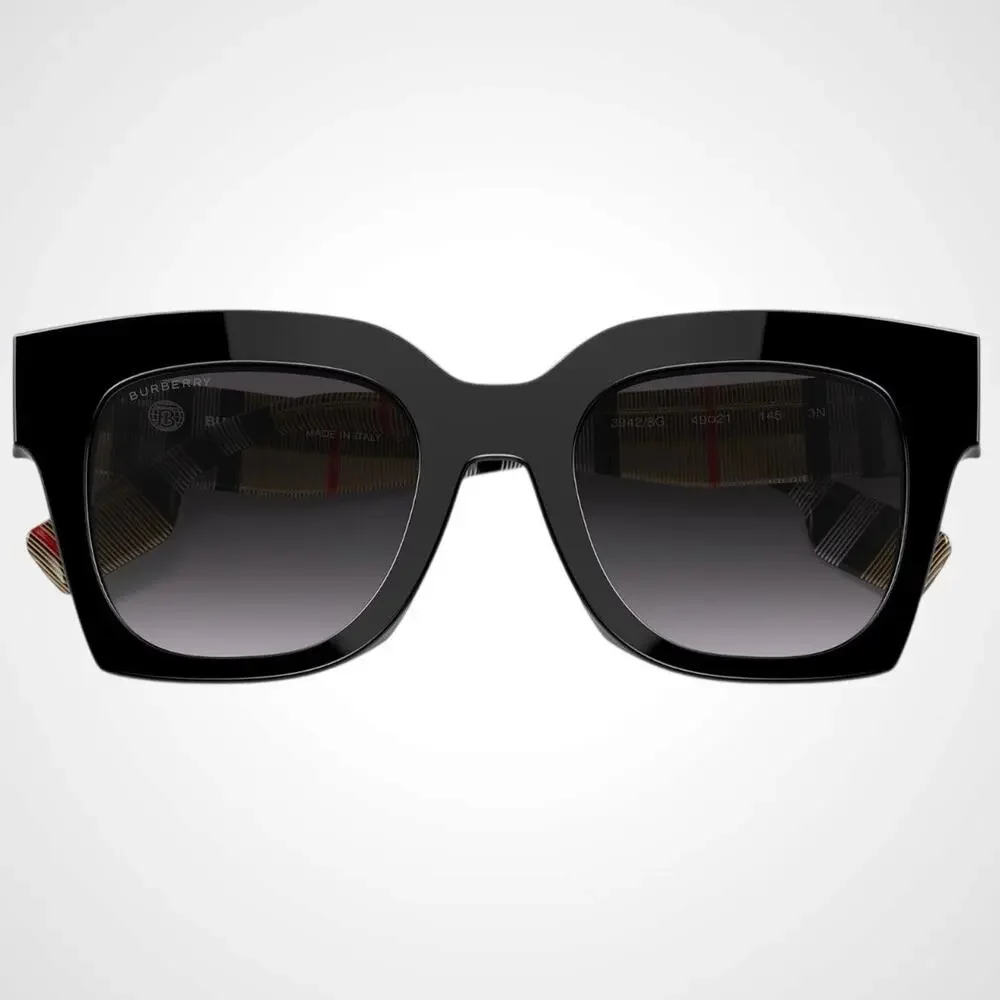 New Burberry Sunglasses Black Square Checkered Arms Womens 49mm BURBERRY